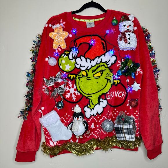 Ugly Christmas Sweater Grinch LIGHTS UP Tacky Tinsel Xmas Party Winner Sz Medium - Picture 1 of 5